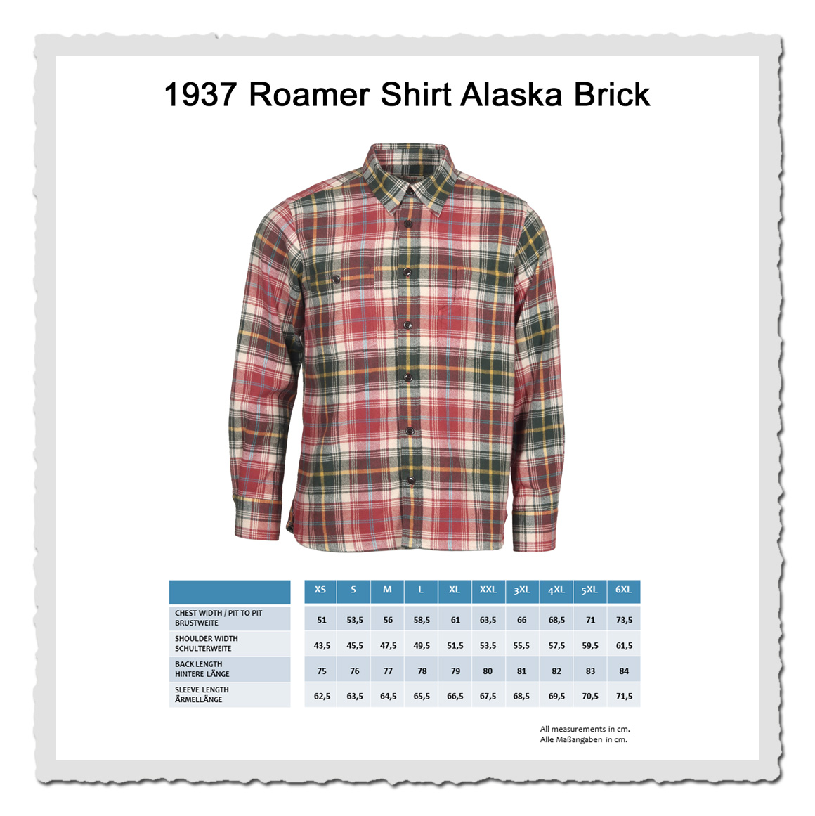 Masstabelle Pike Brothers 1937 Roamer Shirt Masstabelle zum Pike Brothers 1937 Roamer Shirt – robustes Karomuster in Alaska Brick